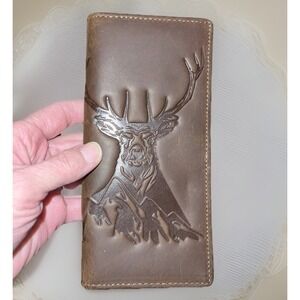 Deer Long Wallet Mens Full Grain Leather Bifold Rodeo Western Hunter Cabin EUC